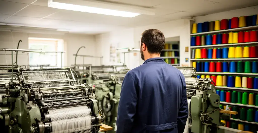 Intérieur atelier textile français avec machines à tricoter industrielles