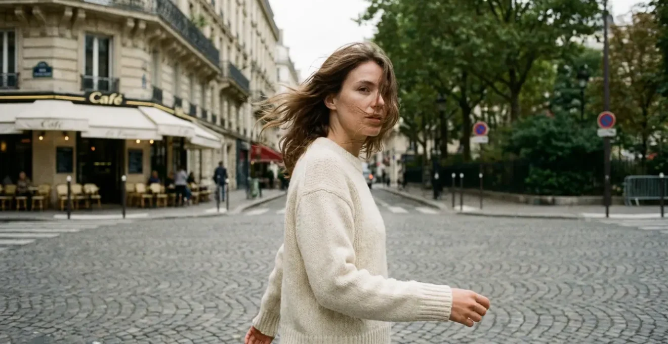 Femme portant un pull en maille française marchant dans une rue pavée