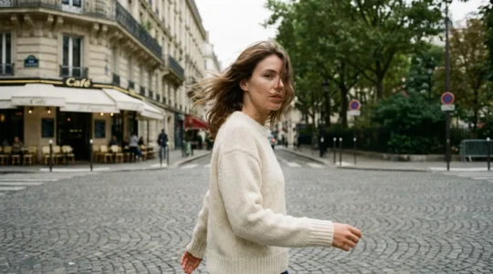 Femme portant un pull en maille française marchant dans une rue pavée