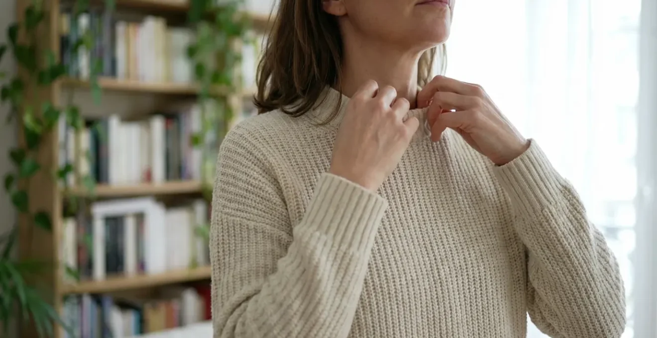 Femme portant un pull en maille française texturée dans un intérieur chaleureux