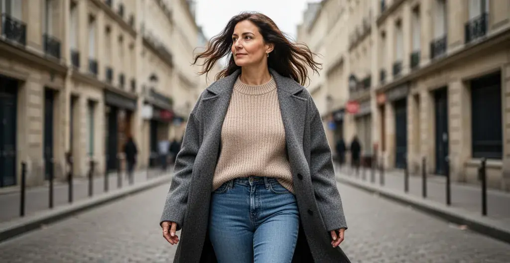 Femme portant un pull en maille française associé à un jean taille haute en milieu urbain