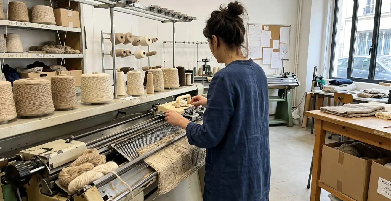 Artisan textile travaillant sur une machine à tricoter dans un atelier français, manipulant une maille en laine naturelle