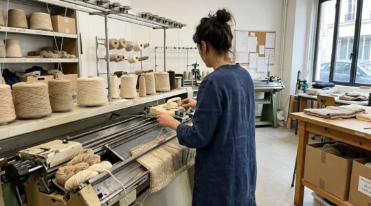 Artisan textile travaillant sur une machine à tricoter dans un atelier français, manipulant une maille en laine naturelle