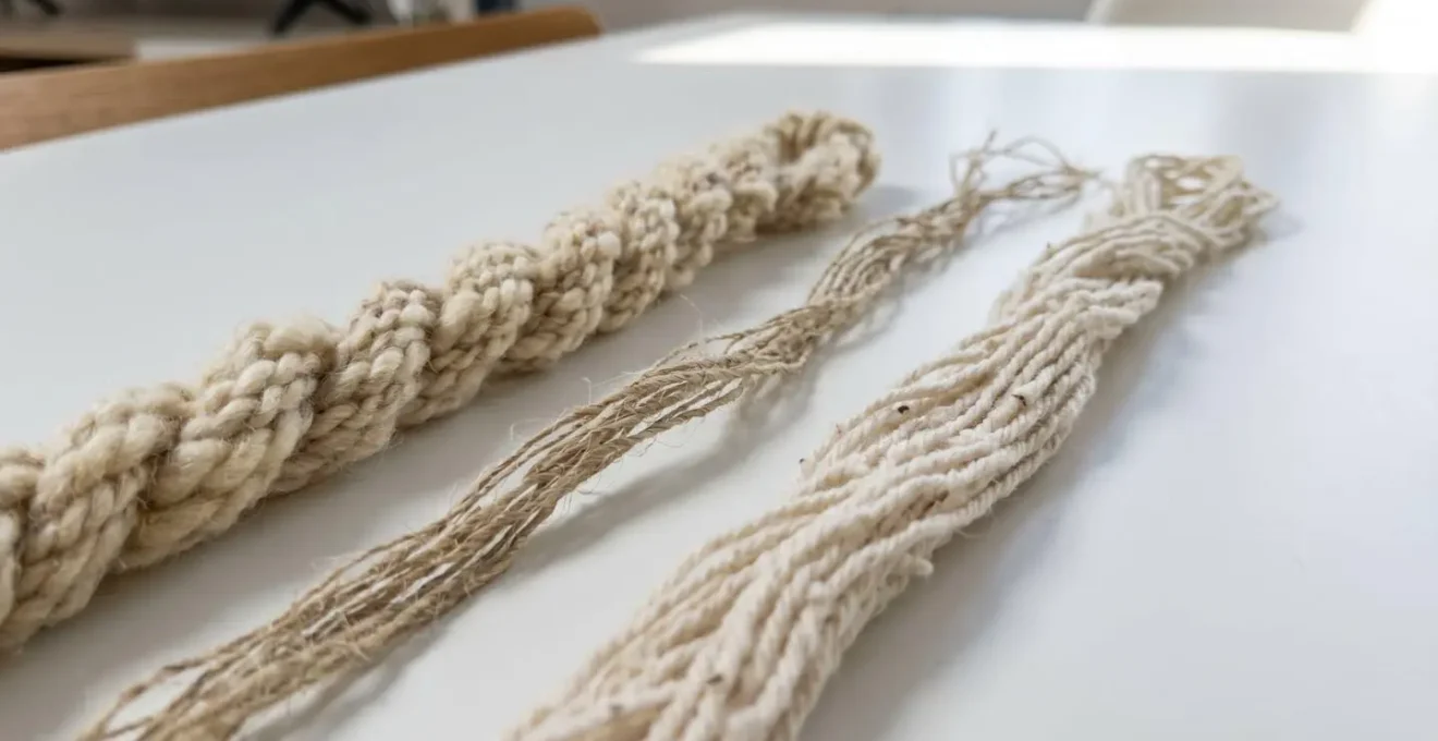 Gros plan sur différentes fibres textiles naturelles (laine, lin, coton) montrant leurs textures et structures distinctes